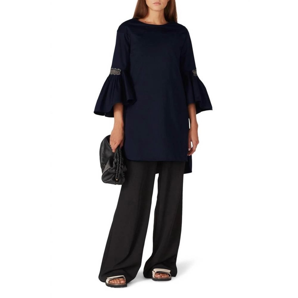 Teija Embroidered smocked Fluted bell Sleeve tunic Dress size 10 navy blue